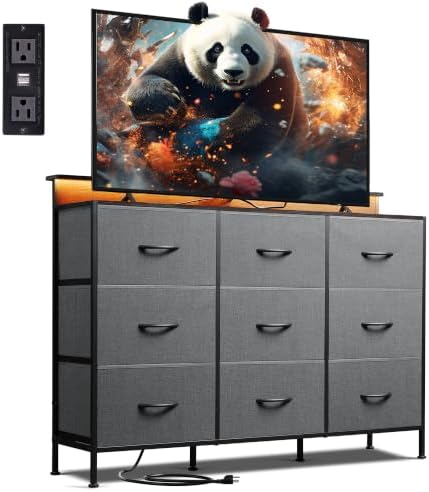 WLIVE Bedroom Dresser TV Stand 9 Drawer, Fabric Chest LED Lights, Dark Grey by WLIVE