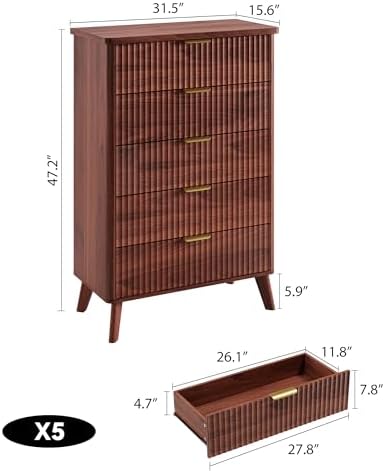 GarveeHome Fluted Dresser for Bedroom with 5 Deep Drawers, Walnut - Image 2