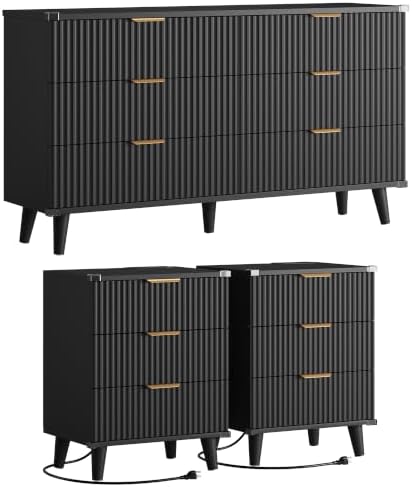 Modern Dresser and Nightstand Sets 3-Piece, 2 Nightstands 6-Drawer Dresser by Lulive