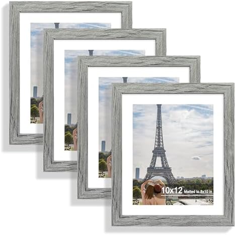 Hongkee 10x12 Picture Frame Set of 4, Made of Real Glass and Grey Frame - Display Picture 8x10 with Mat or 10x12 Without Mat, 10 by 12 Photo for Wall Mounting by Hongkee