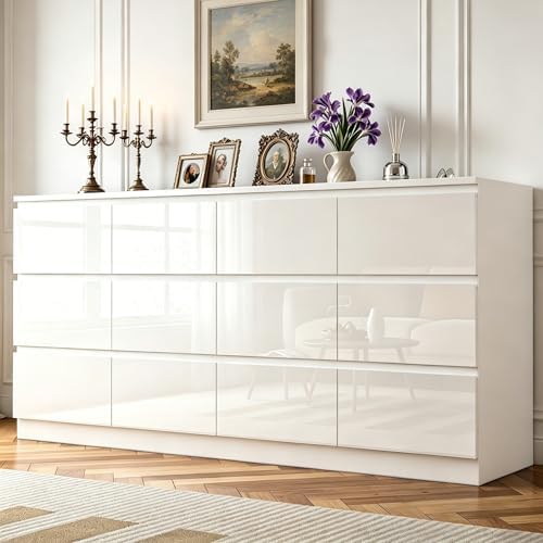 12 Drawers Dresser with Charging Station, Modern Large Dresser with 12 Handle Free Drawers, Wood Chest of Drawers for Bedroom, Living Room, Entryway, Hallway, White by DalyLuxa