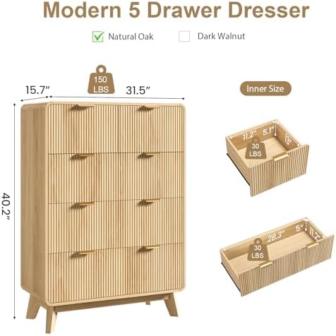 QUW Fluted 5 Drawers Dresser for Bedroom, Modern 40.2" Tall Drawer Dressers with Metal Handle, Wooden Chest of Dresser for Living Room, Hallway, Solid Wood Legs, Curved Profile Design, Natural Oak - Image 3