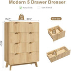 QUW Fluted 5 Drawers Dresser for Bedroom, Modern 40.2" Tall Drawer Dressers with Metal Handle, Wooden Chest of Dresser for Living Room, Hallway, Solid Wood Legs, Curved Profile Design, Natural Oak - Image 3