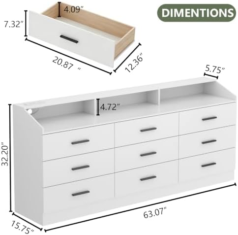 9 Drawer Dressers for Bedroom with Charging Station &Led, 63'' Long Dresser - Image 2