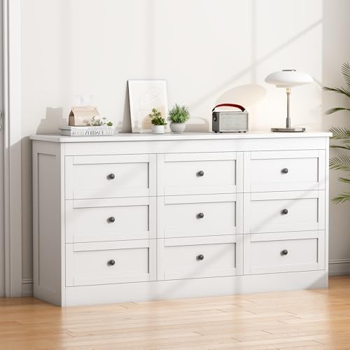 wanan 9 Drawer Dresser for Bedroom, White Modern 59'' Wide Wood Chest of Drawers, Dresser TV Stand, Storage Organizer with Metal Handles for Living Room, Hallway, Entryway by Wanan