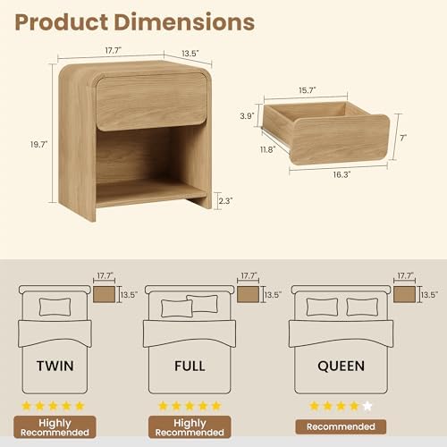 Modern Curved Nightstands Set of 2 with Open Shelf,Natural Oak - Image 2