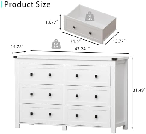 Wodeer 6 Drawer Dresser for Bedroom, White Modern Dressers & Chests of Drawers with Metal Handles, Closet Storage Dresser, Storage Cabinet and Organizer with Drawers - Image 2