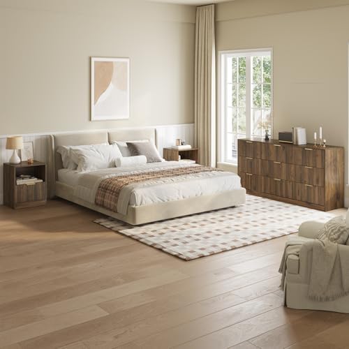 3-Piece 9 Drawer Dresser and 1-Drawer Nightstand Set, Walnut丨63 Wide Fluted Bedroom Dresser Set Night Stand Set of 2, Modern Wood Chest of Drawers Storage Dressers Set for Bedroom - Image 3