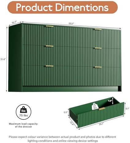 Furniway Green Dresser for Bedroom, Modern Dresser with 6 Drawers and Smooth Slides, Wide Chest of Drawers with Golden Handles for Bedroom, Living Room, Closet, 15.7" D x 55.1" W x 31.4" H - Image 2
