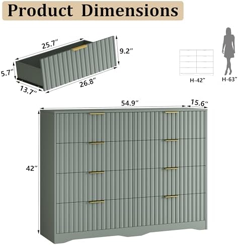 8 Drawer Dresser and Nightstand Sets for Bedroom, Modern Fluted 3 Pcs Bedroom Dresser Furniture Sets, Wood Chest of Drawers and Nightstand Set of 2 with Metal Handles, Green - Image 2