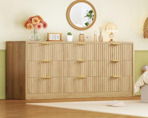 TEENFON 63" Dresser for Bedroom with 9 Drawers, Modern Dressers & Chest of Drawers with Metal Handles, Fluted Dresser, Wood Closet Clothes Storage Organizer for Living Room, Hallway, Natural - Image 5