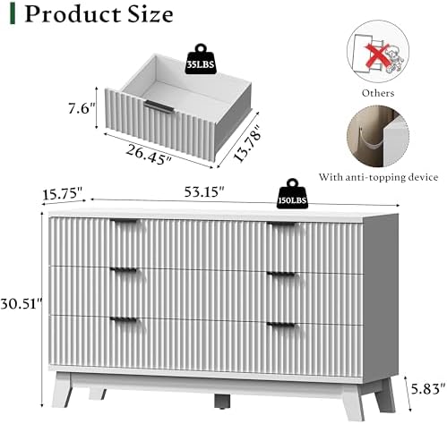 Xixini Fluted Dresser with 6 Drawers, 54" Wide Modern Chest of Drawers with Metal Handle, Wooden Dresser TV Stand, Wood Closet Clothes Storage Organizer for Bedroom, Living Room, Hallway, Solid White - Image 2