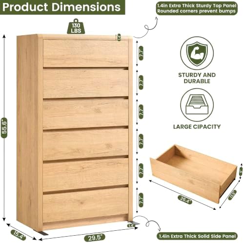 55.6” Tall Dresser with 6 Drawers, Natural Dresser & Chest of Drawers, Wooden Dresser for Bedroom, Living Room, Hallway, Wood Drawer Organizer, Front Curved & Handleless Design - Image 2