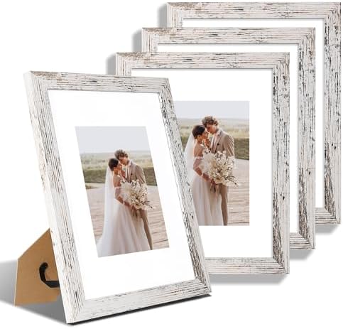 Hongkee 9x12 Picture Frame Set of 4, Made of Glass and Distressed White Wooden Frame - Display Picture 6x8 with Mat or 9 x 12 Without Mat, 9 by 12 Photo for Wall or Tabletop by Hongkee