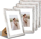 Hongkee 9x12 Picture Frame Set of 4, Made of Glass and Distressed White Wooden Frame - Display Picture 6x8 with Mat or 9 x 12 Without Mat, 9 by 12 Photo for Wall or Tabletop by Hongkee