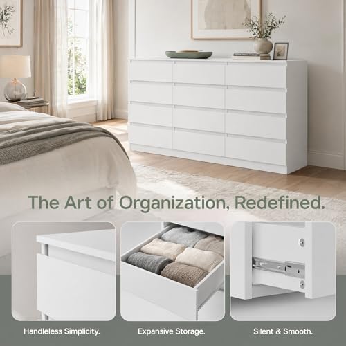 White 12 Drawer Dresser for Bedroom,Modern Long Deep Drawer Dresser,Wood Storage Chest of Drawer, Storage Organizer Drawers for Bedroom - Image 6