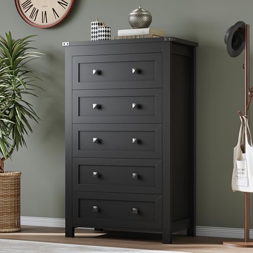 BORNOON Tall 5-Drawer Dresser, Modern Wooden Storage Chest of Drawers, Dresser TV Stand, Wood Drawer Organizer with Metal Handles for Bedroom, Living Room, Hallway - Image 5