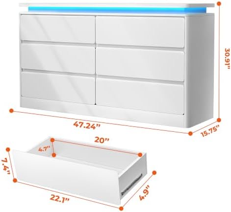 6 Drawer Dresser for Bedroom,47.24"Long White Chest of Drawers w/LED Lights - Image 2