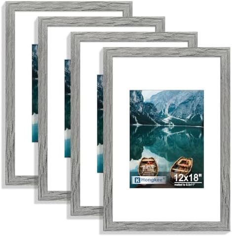 Hongkee 12x18 Picture Frame Set of 4, 12 x 18 Grey Wood Style(Mat 8.5x11) by Hongkee
