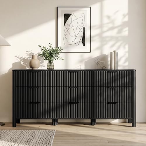 Wodeer 9 Drawer Black Dresser for Bedroom, 62" W Wood Storage Cabinet with Fluted Design, Modern Chest of Drawers & TV Stand for Living Room, Nursery Clothing Organizer with Metal Slides, Anti-Tipping - Image 3