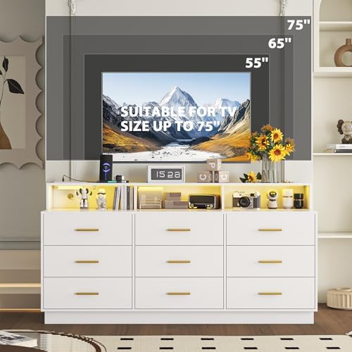 knoworld White 9 Drawer Dressers for Bedroom, Modern Large Dresser with LED Light and Power Outlet, Wooden Long Dresser, Triple Dressers for Bedroom, Entryway, Hallway - Image 5