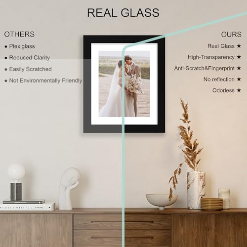 Hongkee 9x11 Picture Frame Set of 4, Made of Real Glass and Black Frame - Display Picture 7x9 with Mat or 9x11 Without Mat, 9 by 11 Photo for Wall or Tabletop - Image 4