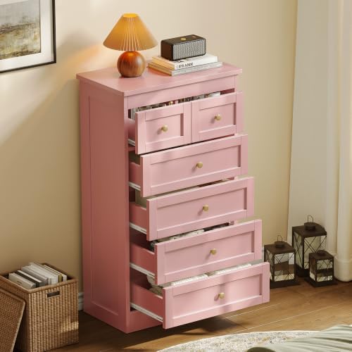 wanan Tall 6 Drawer Dresser for Bedroom, Pink Modern 43.3'' Tall Wood Chest of Drawers, Storage Organizer with Smooth Metal Rails & Anti-Tip Kit for Closet, Hallway, Living Room - Image 3