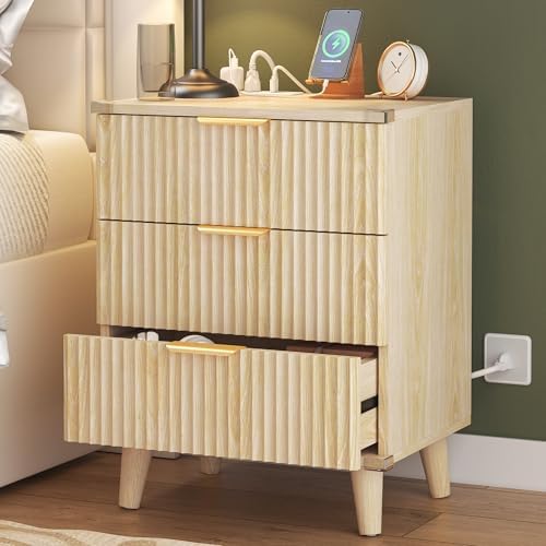 Lulive Wood 3 Drawers Dresser w/Charging Station, Modern Fluted Night Stand by Lulive