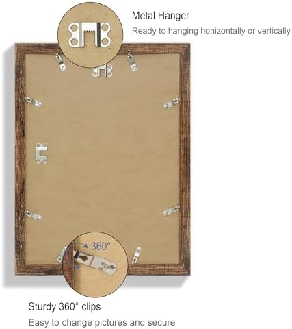 Hongkee 11x15 Picture Frame Set of 4, Made of Real Glass and Rustic Brown Frame - Display Picture 10x14 with Mat or 11x15 Without Mat, 11 by 15 Photo for Wall Mounting - Image 5