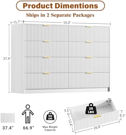 Furniway White 8 Drawer Dresser for Bedroom, Modern Dresser with Smooth Slides, Wide Chest of Drawers with Golden Handles for Bedroom, Living Room, Closet, 15.7" D x 55" W x 37.4" H - Image 2