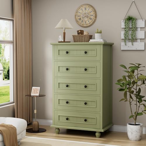 42.7'' Tall 5 Drawer Dresser for Bedroom, Vintage Green Wood Storage Chest - Image 3