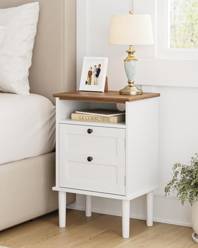 Nightstand, Boho Night Stand with 1 Drawer, Modern Side Accent Table with Open Shelf, Wooden Top Bedside End Table for Bedroom, Living Room, White - Image 3
