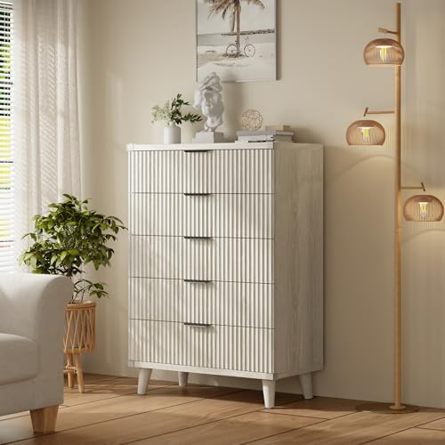 Wood Tall 5 Drawers Dresser, 27.6" W Fluted Modern Dressers for Bedroom by Lulive