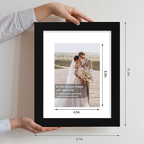 Hongkee 8x10 Picture Frame Set of 4, Made of Real Glass and Black Wooden Frame, 8 by 10 Photo for Wall or Tabletop - Display Picture 5x7 with Mat or 8x10 Without Mat - Image 2