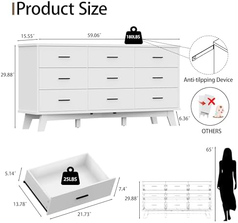 Xixini Dresser for Bedroom, 9 Drawer Wide Modern Chest of Drawers with X-Shaped Sturdy Base, Wood Double Dresser Closet Clothes Storage Organizer, Wooden TV Stand for Living Room, Hallway, White - Image 2