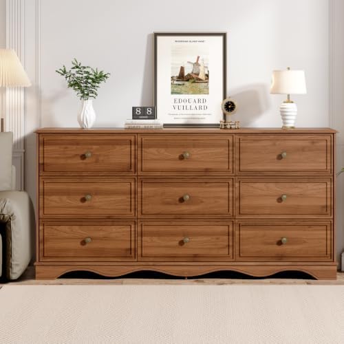Chrangmay 9 Drawer Dresser,63" Wide Mid Century Chest of Drawers,Wooden Bedroom Drawer Dresser with 9 Storage Drawers for Bedroom,Living Room,with Anti-Tipping Device,Umber. by Chrangmay
