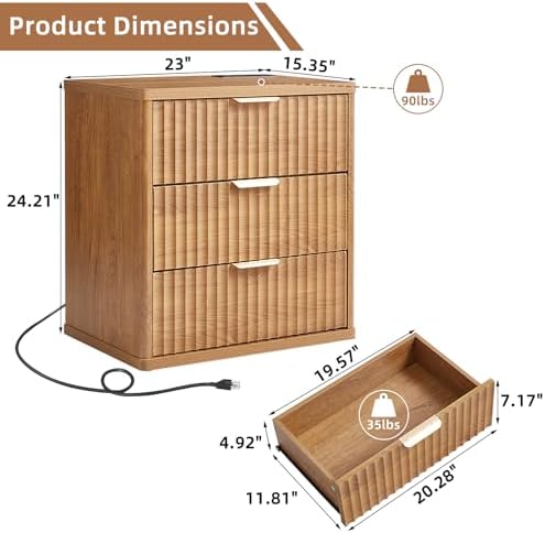 LEYAOYAO Fluted Nightstand with Charging Station, 23" Modern Night Stand with Woodgrain Top, 3 Drawers End Table w/Storage, Bedside Tables for Bedroom, Living Room, Curved Profile Design,Brown - Image 2