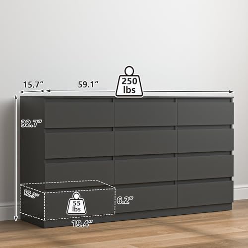 Vibe & Dine Black Dresser 12 Drawer, Modern Long Dresser for Bedroom, Wood Chest of Drawers with Wide Storage for Living Room - Image 3