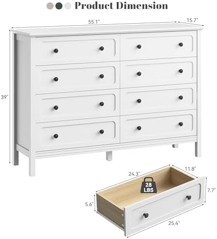 CARPETNAL 55" White Dresser for Bedroom with 8 Drawer & Deep Drawers - Image 2
