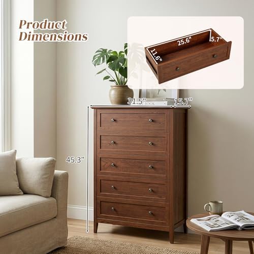 Karl home Brown Farmhouse 5 Drawers Tall Dresser, Bedroom Storage Chest - Image 3