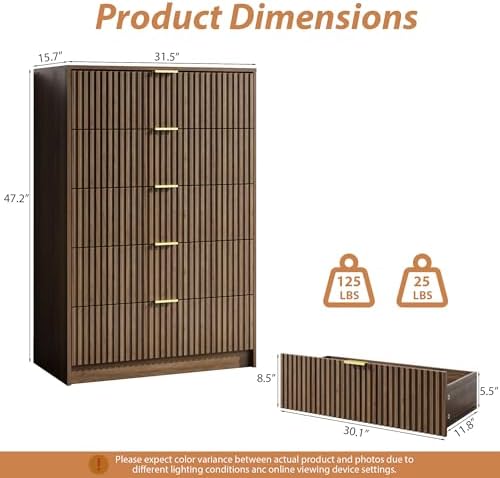 MAISONARIA 5 Drawer Dresser for Bedroom, Tall Dresser Chest of Drawers with Gold Handles, 32 Inch Wide Nightstand with for Bedroom, Living Rooms, Offices, and Entryways, Walnut - Image 2