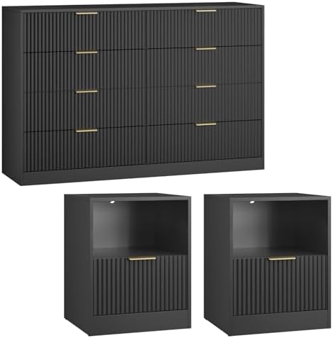 8 Drawer Dresser & 1-Drawer Nightstand Set 3-Piece, Black丨55 Wide Bedroom Dresser Set Night Stand Set of 2, Fluted Modern Wood Chest of Drawers Storage Dressers Set for Bedroom - Image 6