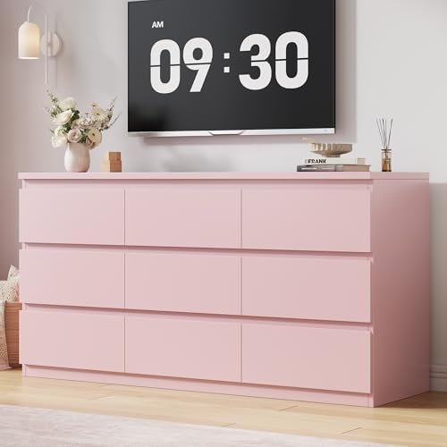 Jocoevol Modern 9 Drawer Dresser for Bedroom, Simply Chest of Drawers, Wood Storage Dresser with Deep Drawers for Living Room Hallway Entryway (Pink) by JOCOEVOL