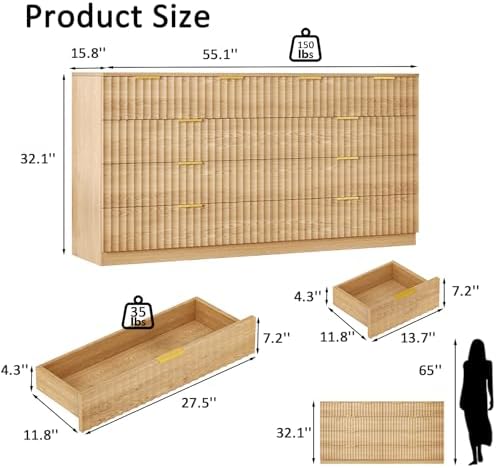 55.1" Wide Fluted 10 Drawer Dresser for Bedroom, Natural - Image 2