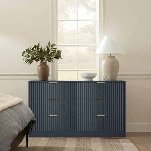 Navy Blue 6 Drawer Dresser for Bedroom, 55" Wide Fluted Chest of Drawers with Gold Metal Handles, Wood Dresser Storage Organizer Mid Century TV Stand for Living Room Closet Hallway - Image 5