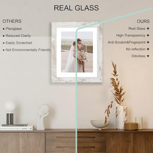 Hongkee 9x11 Picture Frame Set of 4, Made of Real Glass and Distressed White Frame - Display Picture 7x9 with Mat or 9x11 Without Mat, 9 by 11 Photo for Wall or Tabletop - Image 4