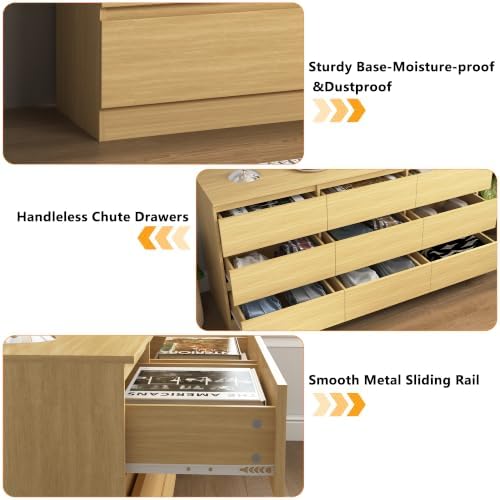 Vibe & Dine 9 Drawer Dresser, 59.1" Long Dresser for Bedroom Free Handle, Modern Wooden Chest of Drawers with Wide Storage for Living Room, Natural Wood - Image 6