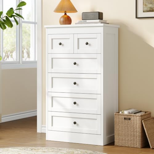 wanan Tall 6 Drawer Dresser for Bedroom, White Modern 43.3'' Tall Wood Chest of Drawers, Storage Organizer with Smooth Metal Rails & Anti-Tip Kit for Closet, Hallway, Living Room by Wanan