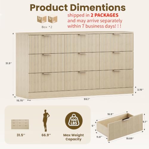 MALOL Fluted 9 Drawer Dresser for Bedroom, 59" Wide Wood Chest of Drawers with Metal Handle, Long Dresser Storage Organizer TV Stand for Closet, Living Room, Hallway, Natural Wood - Image 2
