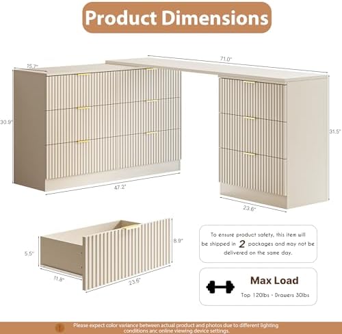 MAISONARIA L-Shaped Rotatable 9 Drawer Dresser for Bedroom, 71" Wide Deformable Beige Dresser with Gold Metal Handles, Modern Fluted Chest of Drawers for Bedroom, Living Room, Entryway, Hallway - Image 2